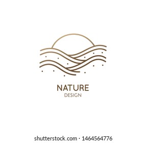 Sunset linear logo on white background . Vector sunrise icon, summer symbol. Water icon, sea waves for concept design - for a travel, vacation, alternative medicine, ecology concept, spa, yoga Center.