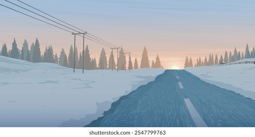 Puesta de sol en la carretera local a través del paisaje rural cubierto de nieve tienen silueta de bosque de pinos e ilustración gráfica de fondo de cielo de vainilla.