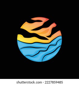 Sunset Logo, Beach Design, River And Sun Illustration, Vector Enjoying The Twilight