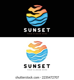 Sunset Logo, Beach Design, River And Sun Illustration, Vector Enjoying The Twilight