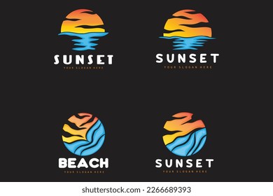 Sunset Logo, Beach Design, River And Sun Illustration, Vector Enjoying The Twilight