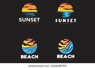 Sunset Logo, Beach Design, River And Sun Illustration, Vector Enjoying The Twilight