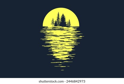 Sunset logo creative minimalist graphic Logo reflects water trees silhouette dark t shirt logo book cover poster banner card	