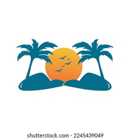 diseño del logo de la puesta de sol decorado con árboles y pájaros