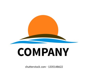 sunset logo design icon illustration for beach or tourism vacation company with wave of sea and sun on it