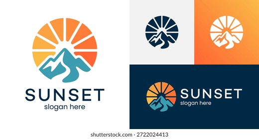 Ilustración de diseño de logotipo de puesta de sol. Diseño de la cumbre de la montaña con el símbolo del icono del Vector del sol