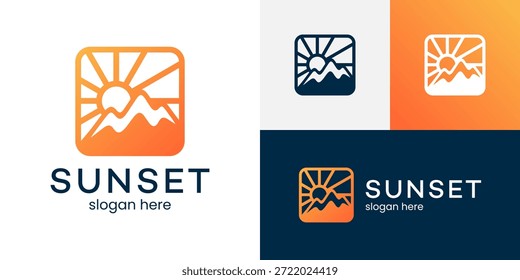 Design-Illustration mit Sonnenuntergang-Logo. Berggipfel-Design mit Sonnenvektor-Symbol
