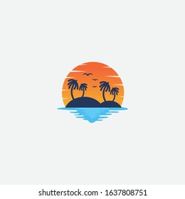 sunset logo design. logo palm, birds moon, beach - vector