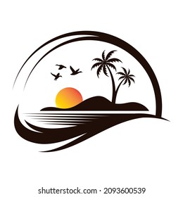 sunset logo design, Palm Tree, and Water Wave Logo vector
