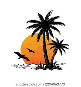 sunset logo design and palm trees by the beach