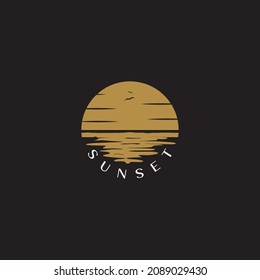 sunset logo design with sea view illustration vector graphic