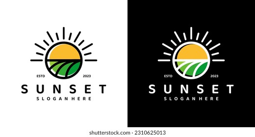 Sunset logo design template with farmland landscape graphic design vector illustration. Symbol, icon, creative.