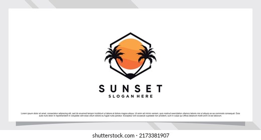 Plantilla de diseño del logotipo de Sunset con palmera y elemento creativo Vector Premium