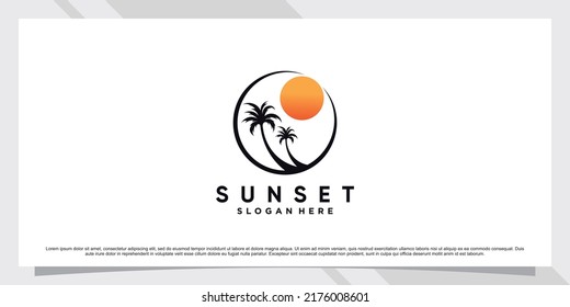 Plantilla de diseño del logotipo de Sunset con palmera y elemento creativo Vector Premium