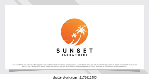 Sunset logo design template with palm tree and creative element Premium Vector