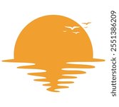 Sunset logo design template vector sunset over sea or ocean with sun and water silhouette