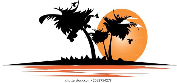 Sunset Logo Design.Tropical paradise emblem with palm trees and sunset, vector logo template, isolated on white background, copy space.