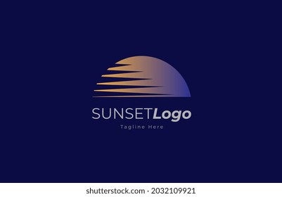 Sunset Logo. Half Sun Geometric Line with Yellow to blue gradient color isolated on dark background, Flat Vector Logo Design Template Elements for Holiday 