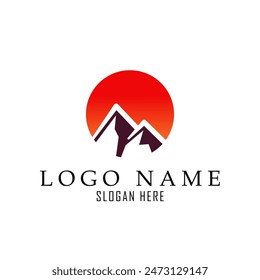 sunset logo with mountain in a circle logo suitable for company, shop and business