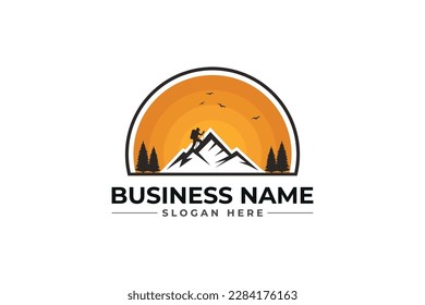 sunset logo with mountain Hiking adventure Mountain Outdoor wilderness travel logo