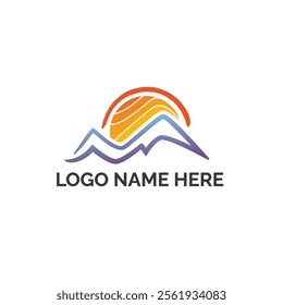 sunset logo with mountains. Icon for outdoor adventures. Travels and expedition  logo for businesses involving climbing high altitude mountains or hiking. 