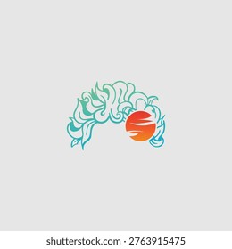 Sunset logo on the beach with a touch of hair in the form of waves minimal design