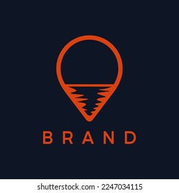 logotipo de puesta de sol en el mar sobre el fondo del pino de la ubicación. perfecto para logotipos de empresa.