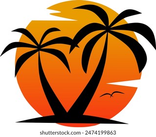 Sunset logo, sun and coconut tree logo, beach logo, palm tree logo