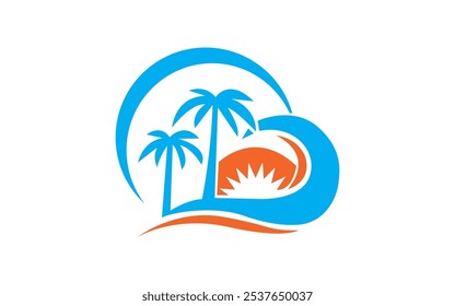 Sunset logo template with 2 coconut tree vector icon illustration design