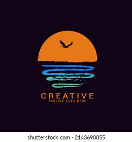sunset logo template design with flying birds and waves