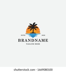 Sunset logo template. sunrise, palm, sea, - vector