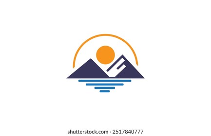 Sunset-Logo. Sonnenuntergang, Vektorgrafik, Logo für Strand und Sonne, Berglogo, Outdoor-Logo, Berg und Sonne, Meereswelle und Sonne
