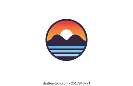 sunset logo. sunset vector illustration, beach and sun logo, mountain logo, outdoor logo, mountain and sun, sea wave and sun