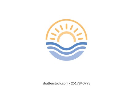 Logotipo de la puesta del sol, Ilustración vectorial de la playa y logotipo del sol, logotipo de la montaña, logotipo al aire libre, montaña y sol, onda del mar y sol