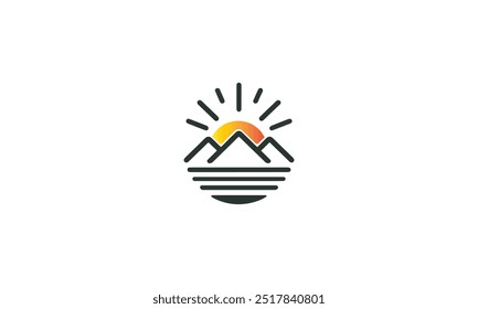 Sunset-Logo. Sonnenuntergang, Vektorgrafik, Logo für Strand und Sonne, Berglogo, Outdoor-Logo, Berg und Sonne, Meereswelle und Sonne
