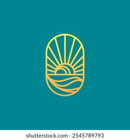 Vetor de logotipo Sunset. Logotipo do sol com projeto do vetor da onda do mar