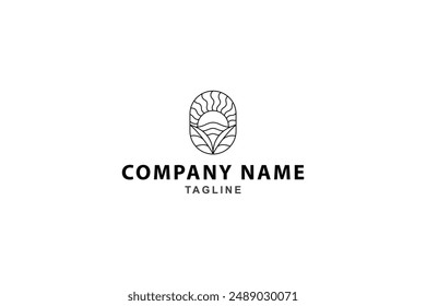 logotipo de la puesta del sol con olas de agua y hojas en línea estilo de diseño de arte