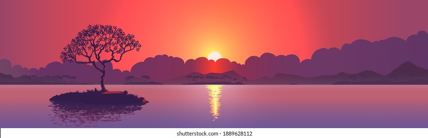 Sunset with a lone tree on the island. Realistic vector illustration background. 