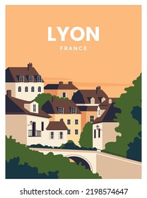 sunset in lyon france landscape background. Vector illustration with minimalist style for travel poster, print, postcard.