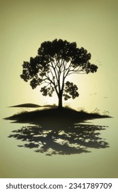 sunset at meadow and lonely tree, 3d render illustration