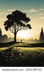 sunset at meadow and lonely tree, 3d render illustration