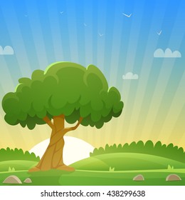 Sunset at meadow with tree, countryside cartoon landscape illustration.