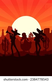 Sunset at Mexican desert. Silhouettes of dancing woman and mariachi musicians vector characters in sombreros playing trumpet and violin on desert landscape background with cactuses, mountains and sun