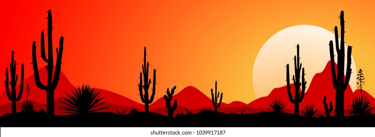 Sunset in the Mexican desert. Silhouettes of stones, cacti and plants. Desert landscape with cacti. The stony desert.                                                                               