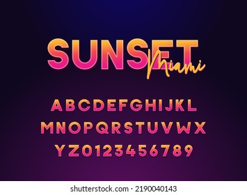 Sunset Miami Lettering Typography Alphabet. Vector Font For Summer, Night, Clubbing Events