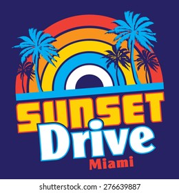 Sunset Miami tropical typography, t-shirt graphics, vectors