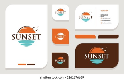 sunset minimalist line art logo template vector illustration design. simple modern travel, vacation, holiday logo concept. free business card