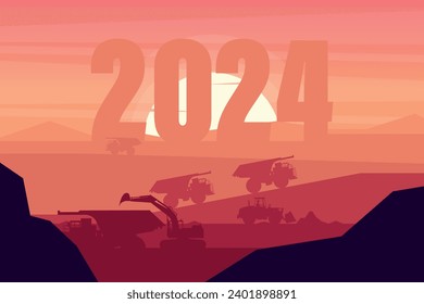 Sunset in a mining extraction with the year 2024 in the background with heavy machinery such as a mining truck, front loader and a tracked excavator. Celebrating the beginning of a happy new year