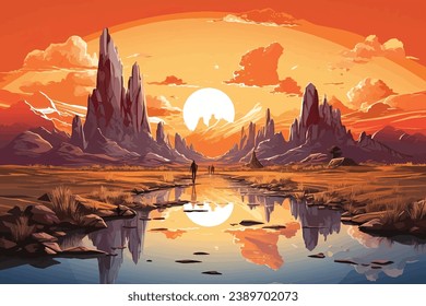 Sunset Mirage: Silhouettenbilder und Sternenklippen, die sich im Wasser wiederspiegeln. Reflektion von Doppelklippen: Lone Wanderer, serene Gewässer, fiery Sky