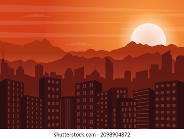 Sunset Modern City Skyline Landscape with Orange Sky of Town Buildings and Cityscape Sky in Flat Illustration for Poster, Banner or Background